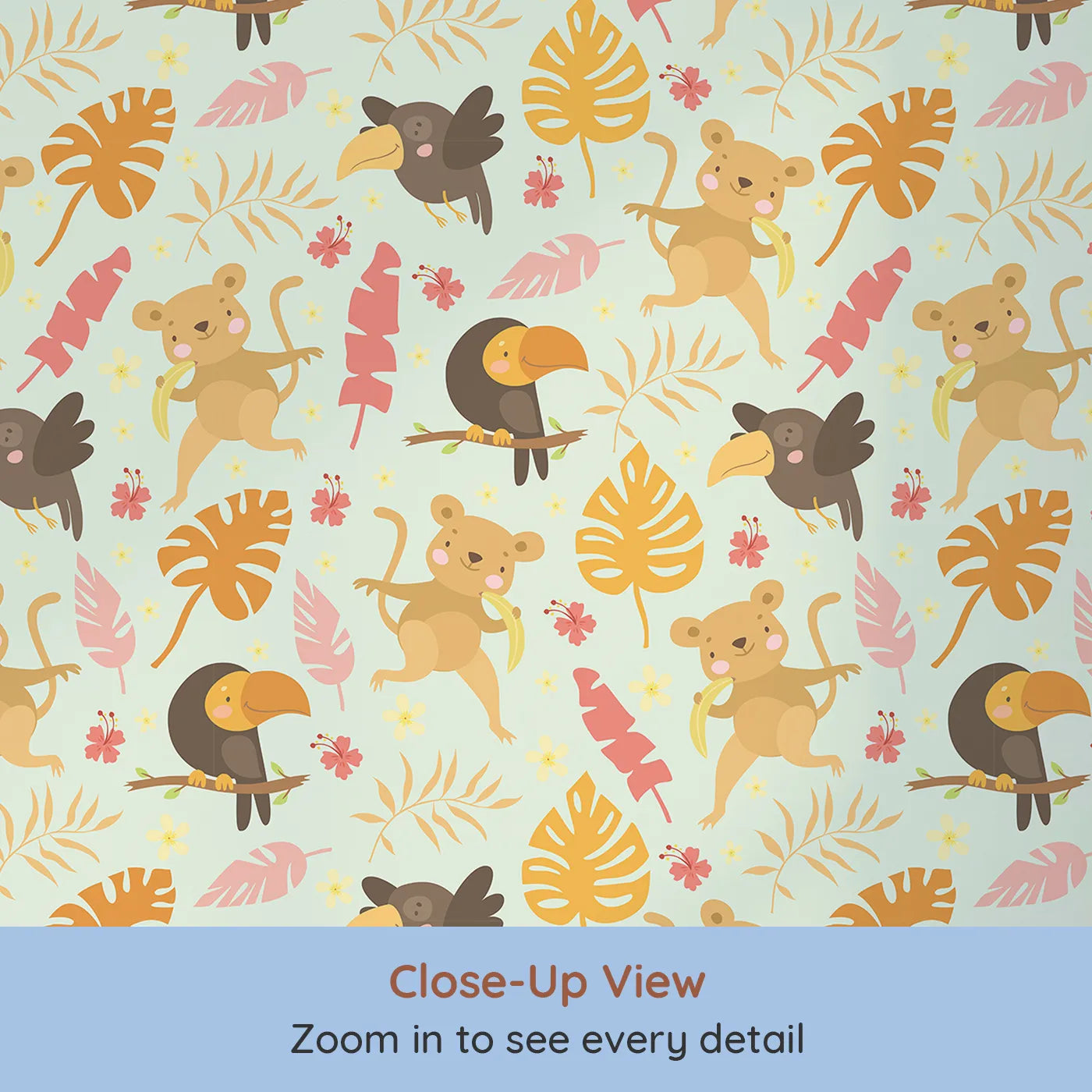 Close-up view of Whimsy Tots' Monkey Banana Jungle Wallpaper in Mint Green (W3189D).Cheeky monkeys, colorful toucans, and dancing leaves fill every corner with laughter.