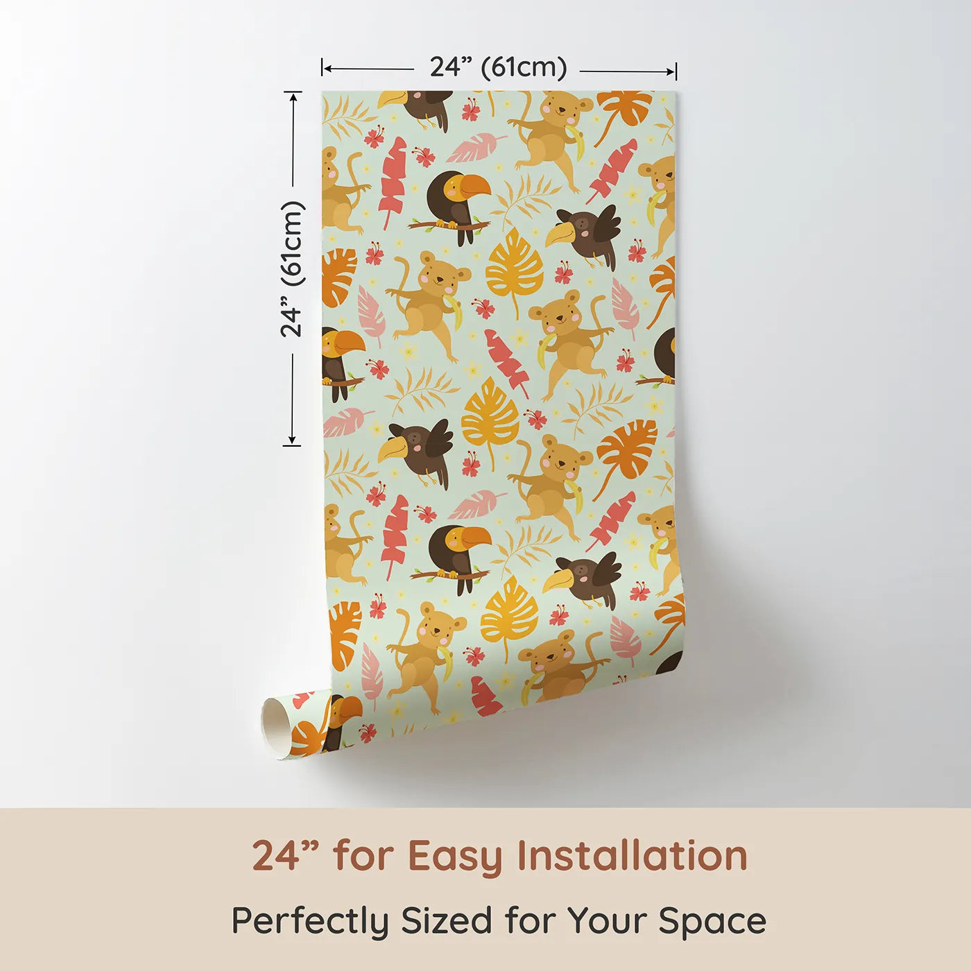 Dimension view of Whimsy Tots Monkey Banana Jungle Wallpaper in Mint Green (W3189D). Printed in 24-inch-wide panel for easy installation. Cheeky monkeys, colorful toucans, and dancing leaves fill every corner with laughter.