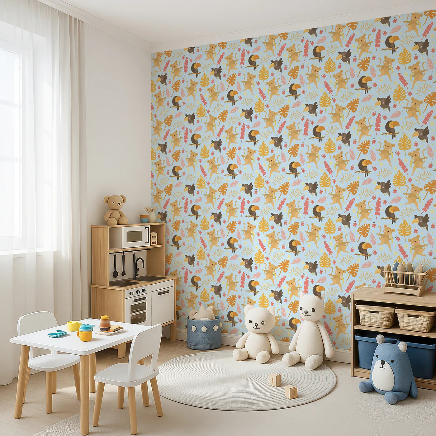 Angled view of Whimsy Tots' Monkey Banana Jungle Wallpaper in Sky Blue (W3189E).Cheeky monkeys, colorful toucans, and dancing leaves fill every corner with laughter.