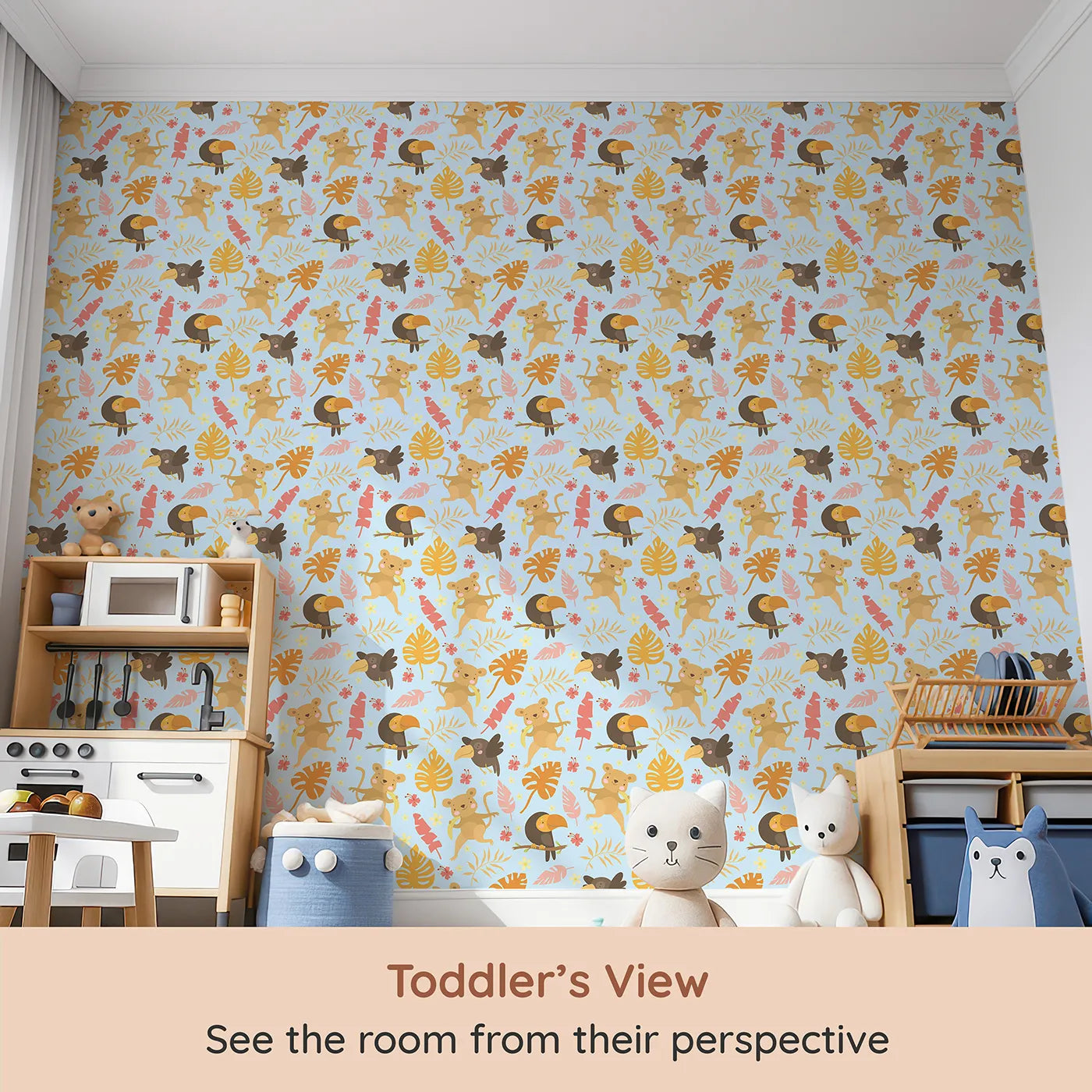 Whimsy Tots Monkey Banana Jungle Wallpaper in Sky Blue (W3189E) from your child's view.Cheeky monkeys, colorful toucans, and dancing leaves fill every corner with laughter.