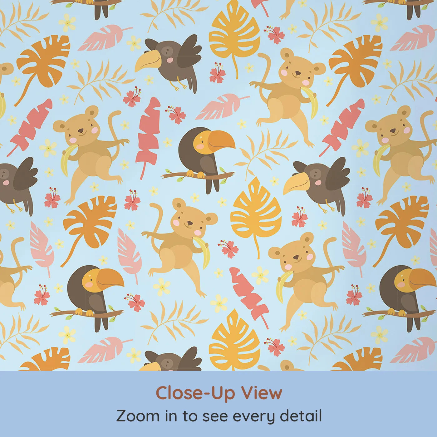 Close-up view of Whimsy Tots' Monkey Banana Jungle Wallpaper in Sky Blue (W3189E).Cheeky monkeys, colorful toucans, and dancing leaves fill every corner with laughter.