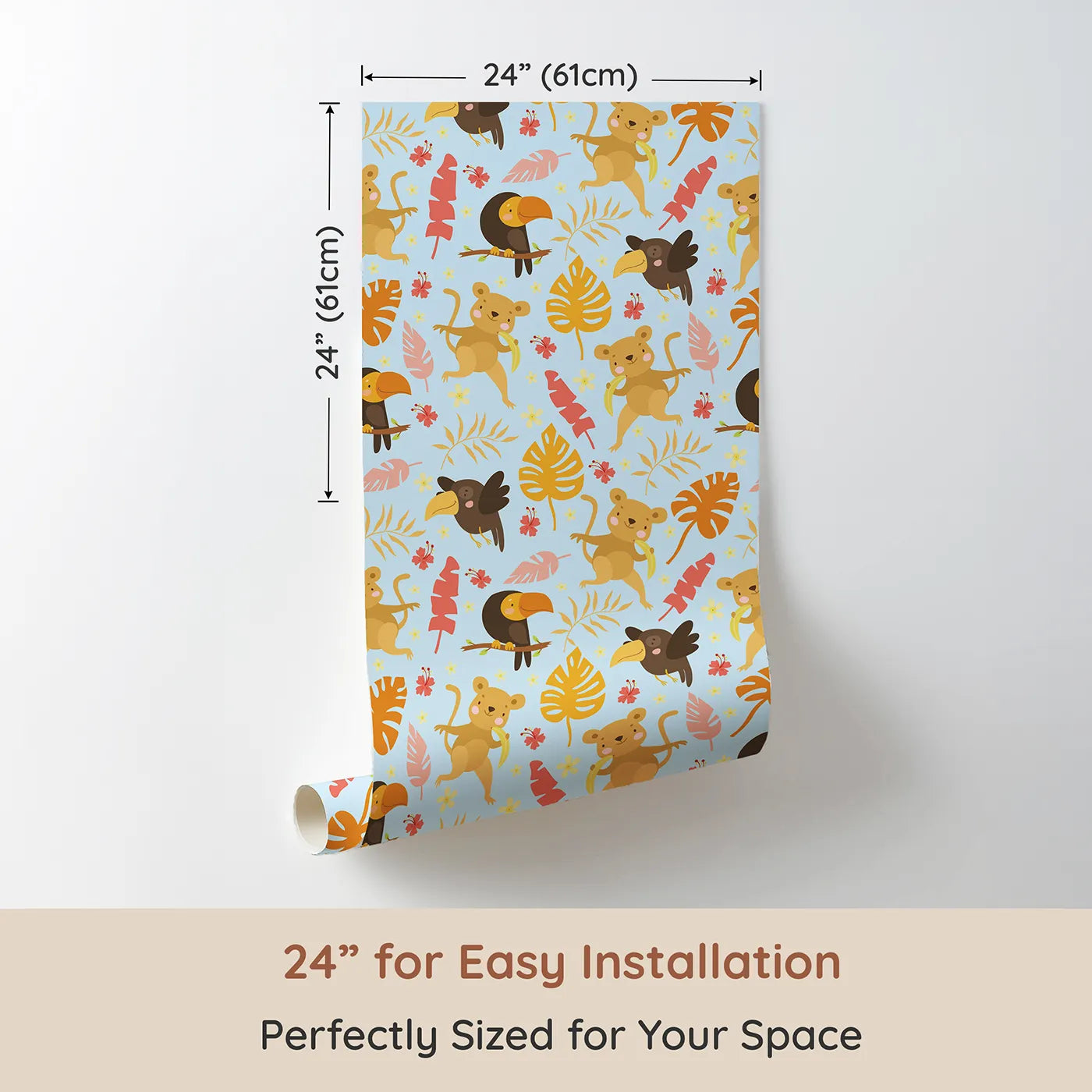 Dimension view of Whimsy Tots Monkey Banana Jungle Wallpaper in Sky Blue (W3189E). Printed in 24-inch-wide panel for easy installation. Cheeky monkeys, colorful toucans, and dancing leaves fill every corner with laughter.