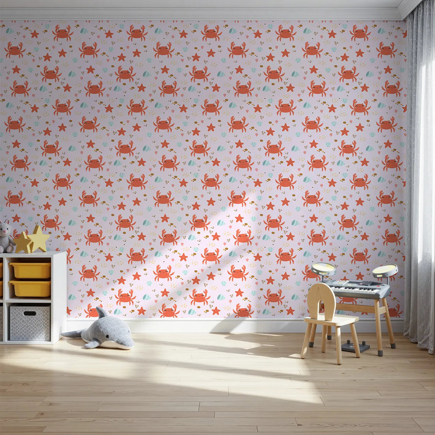 Front view of Whimsy Tots' Crabby Coral Dance Wallpaper in Blush Pink