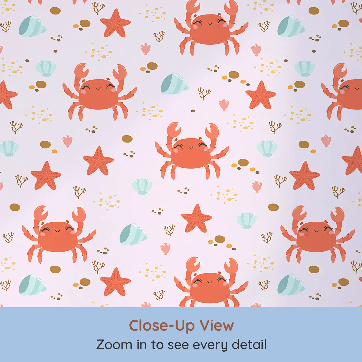 Close-up view of Whimsy Tots' Crabby Coral Dance Wallpaper in Blush Pink (W3190B).Smiley crabs and playful starfish create a sunny undersea celebration.