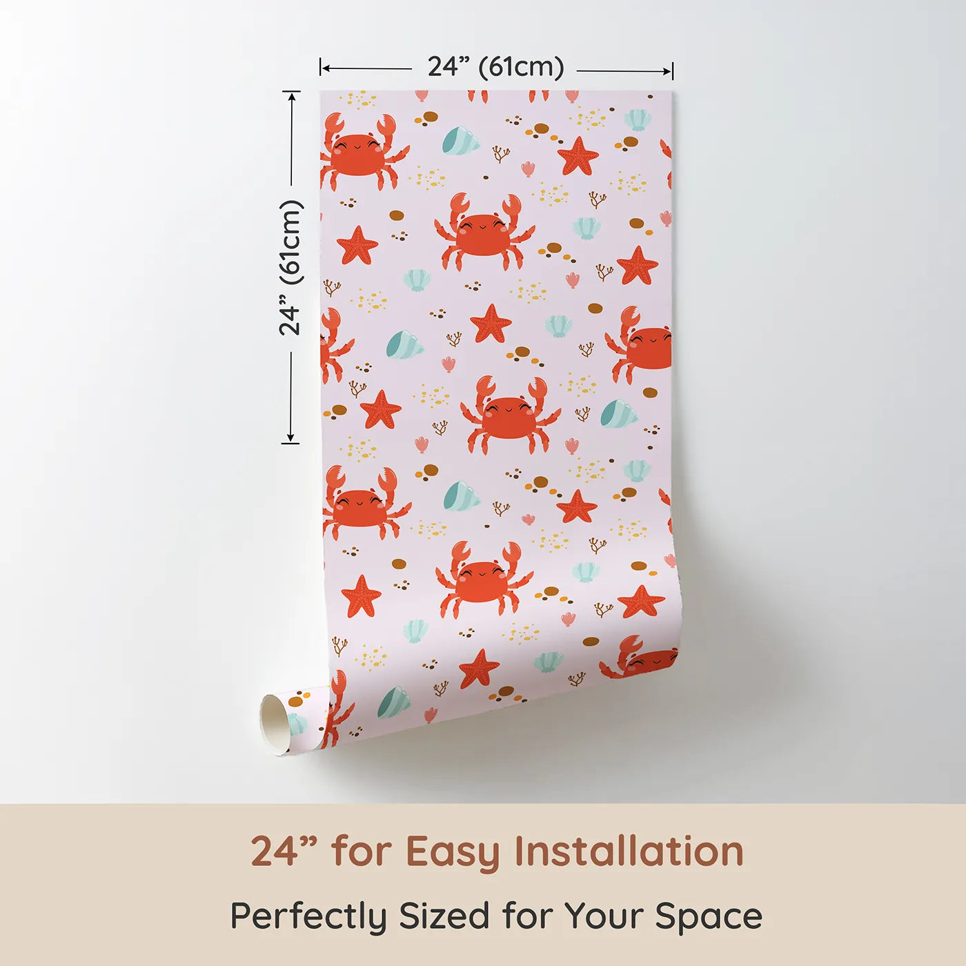 Dimension view of Whimsy Tots Crabby Coral Dance Wallpaper in Blush Pink (W3190B). Printed in 24-inch-wide panel for easy installation. Smiley crabs and playful starfish create a sunny undersea celebration.