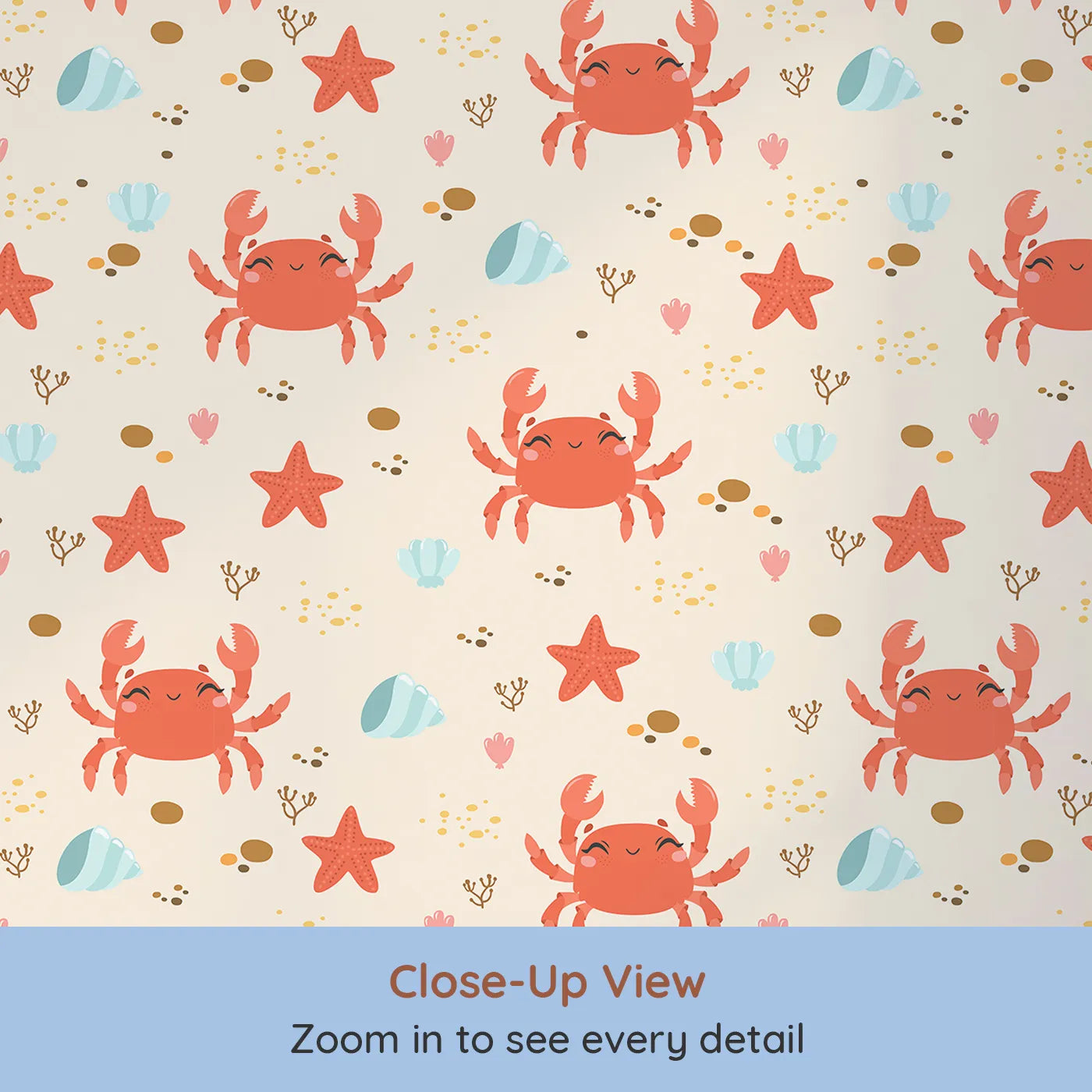 Close-up view of Whimsy Tots' Crabby Coral Dance Wallpaper in Sand (W3190C).Smiley crabs and playful starfish create a sunny undersea celebration.