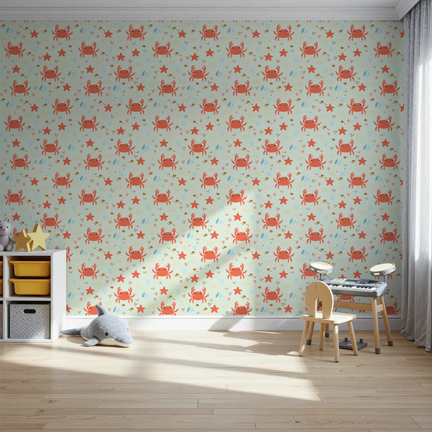 Front view of Whimsy Tots' Crabby Coral Dance Wallpaper in Mint Green