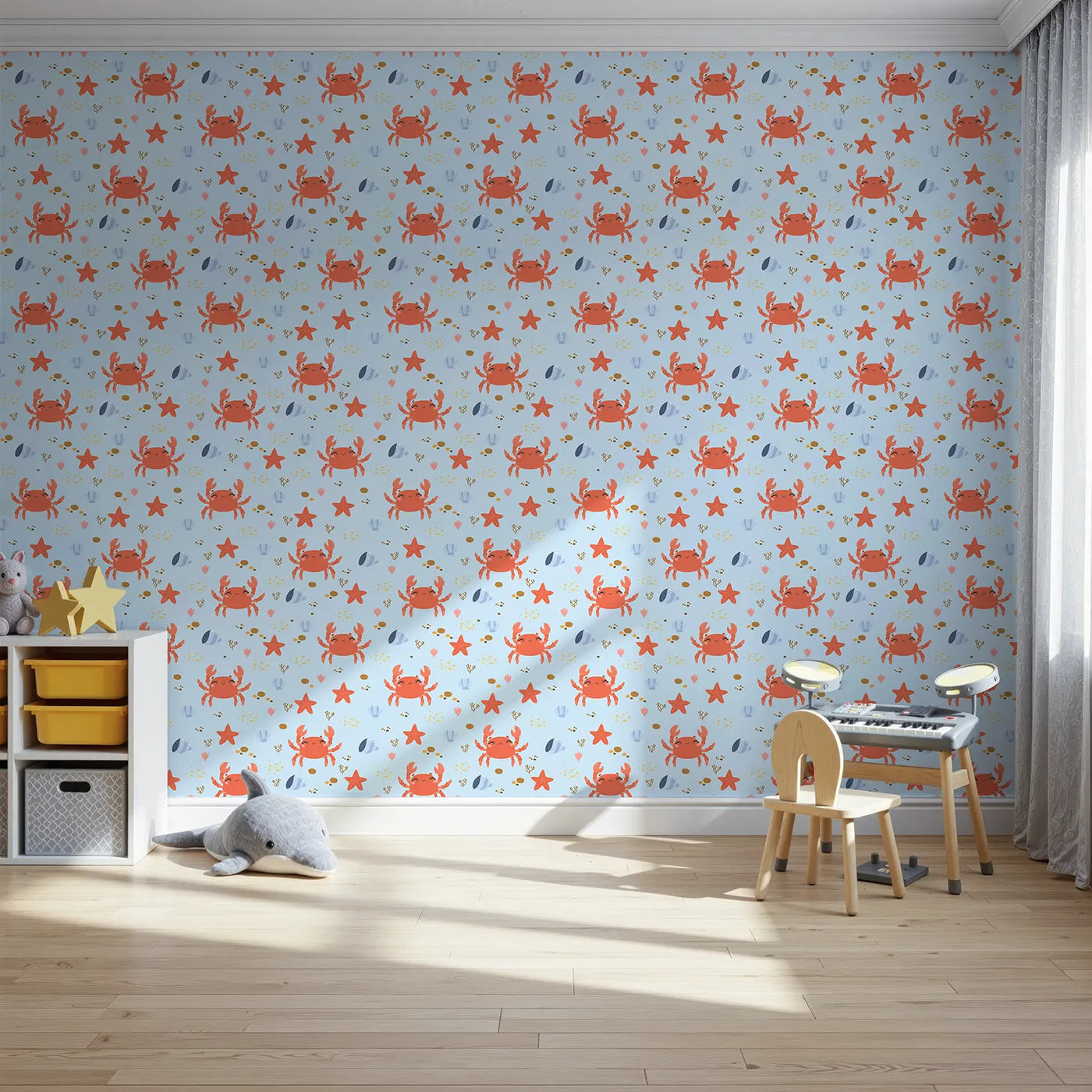 Front view of Whimsy Tots' Crabby Coral Dance Wallpaper in Sky Blue