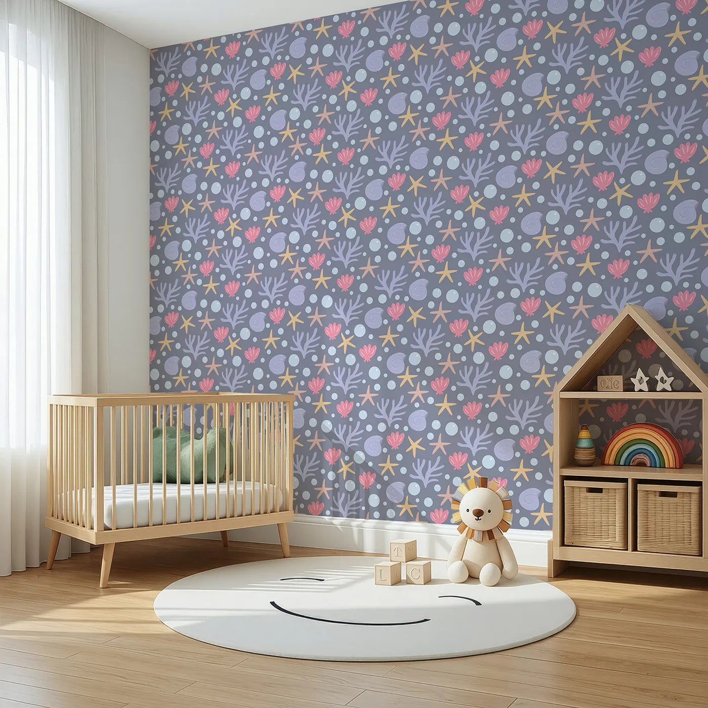 Angled view of Whimsy Tots' Starry Coral Garden Wallpaper in Deep Sea Gray (W3191A).Gentle corals, starfish, and sea shells drift softly in twilight waters.