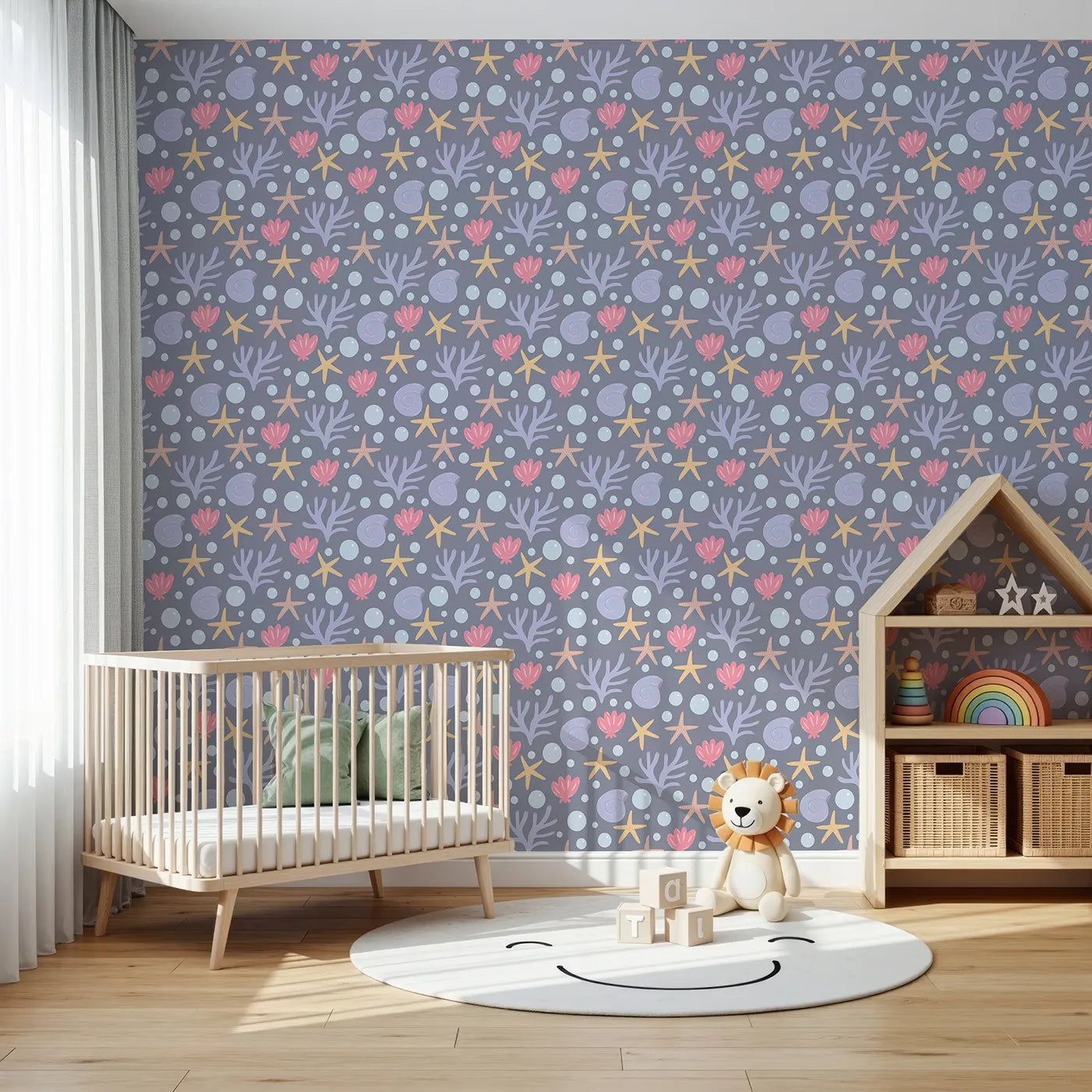 Front view of Whimsy Tots' Starry Coral Garden Wallpaper in Deep Sea Gray