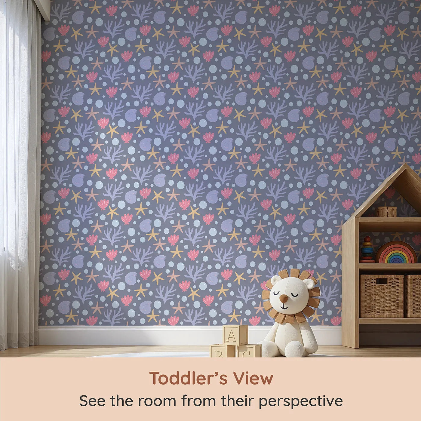 Whimsy Tots Starry Coral Garden Wallpaper in Deep Sea Gray (W3191A) from your child's view.Gentle corals, starfish, and sea shells drift softly in twilight waters.