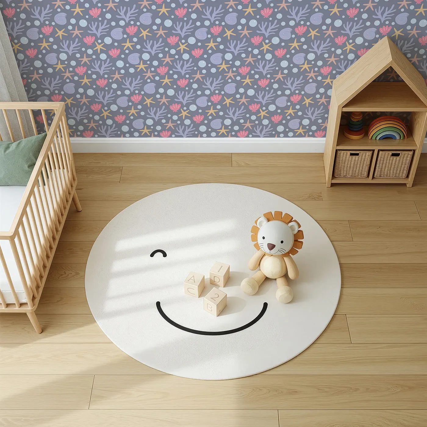 Top-Down view of Whimsy Tots' Starry Coral Garden Wallpaper in Deep Sea Gray (W3191A).Gentle corals, starfish, and sea shells drift softly in twilight waters.