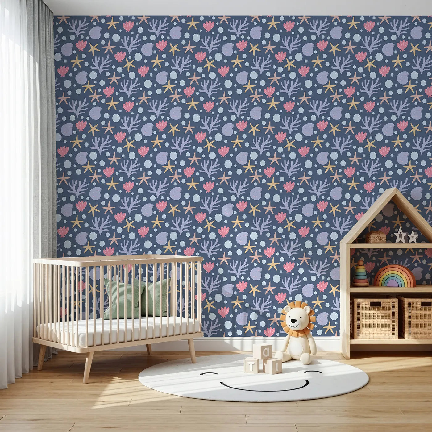 Front view of Whimsy Tots' Starry Coral Garden Wallpaper in Deep Navy Blue