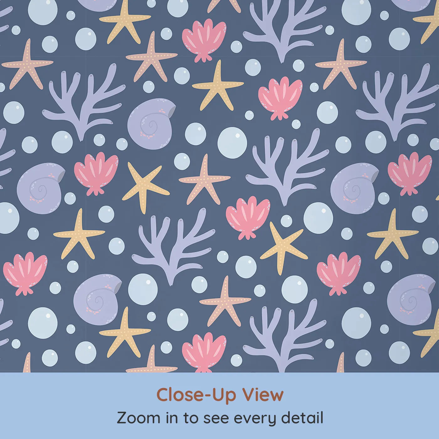 Close-up view of Whimsy Tots' Starry Coral Garden Wallpaper in Deep Navy Blue (W3191B).Gentle corals, starfish, and sea shells drift softly in twilight waters.