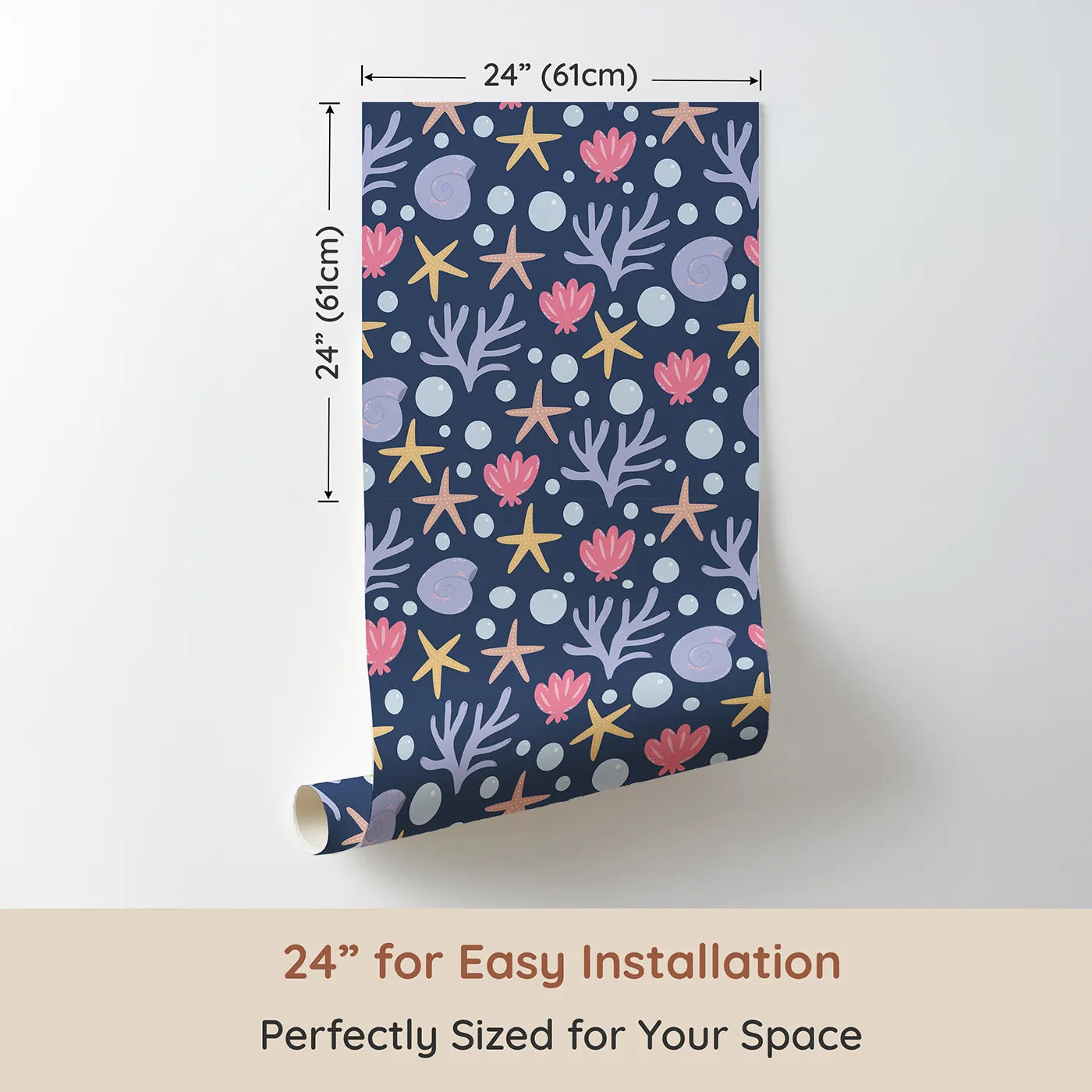 Dimension view of Whimsy Tots Starry Coral Garden Wallpaper in Deep Navy Blue (W3191B). Printed in 24-inch-wide panel for easy installation. Gentle corals, starfish, and sea shells drift softly in twilight waters.