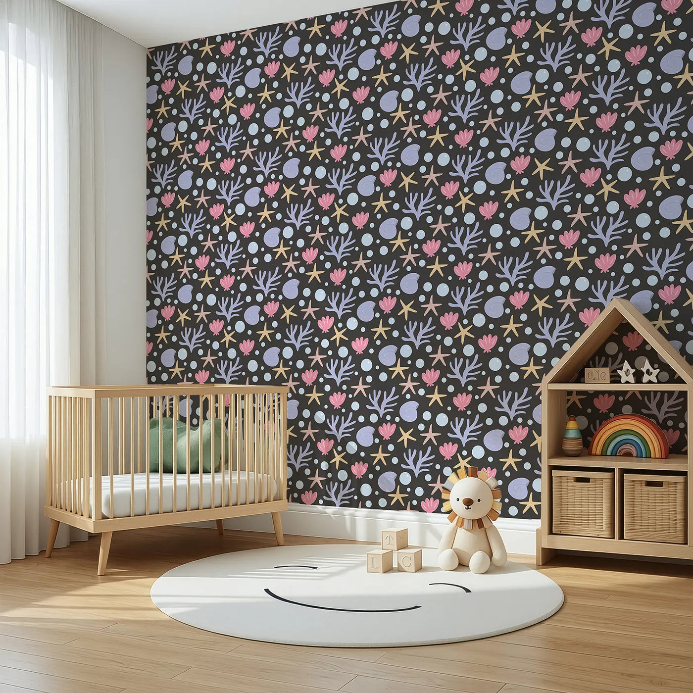 Angled view of Whimsy Tots' Starry Coral Garden Wallpaper in Charcoal Gray (W3191C).Gentle corals, starfish, and sea shells drift softly in twilight waters.
