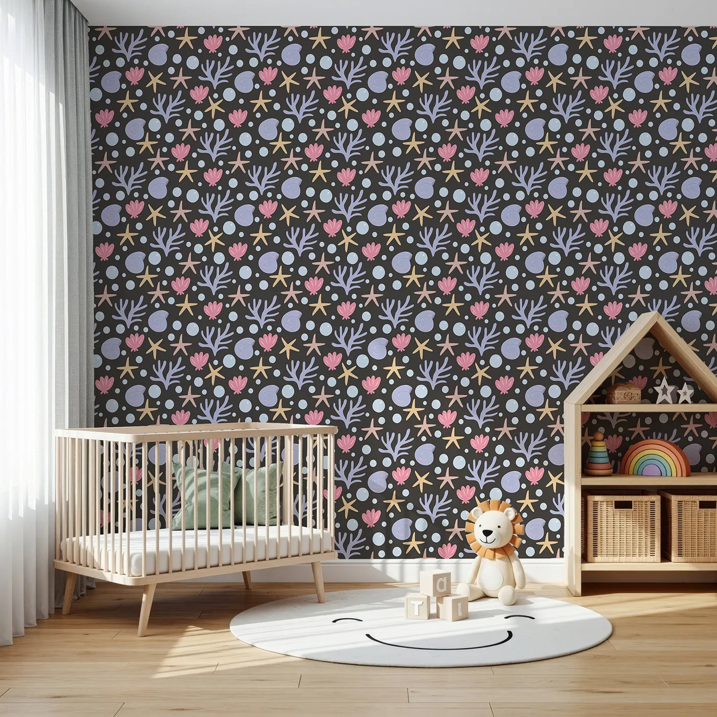 Front view of Whimsy Tots' Starry Coral Garden Wallpaper in Charcoal Gray