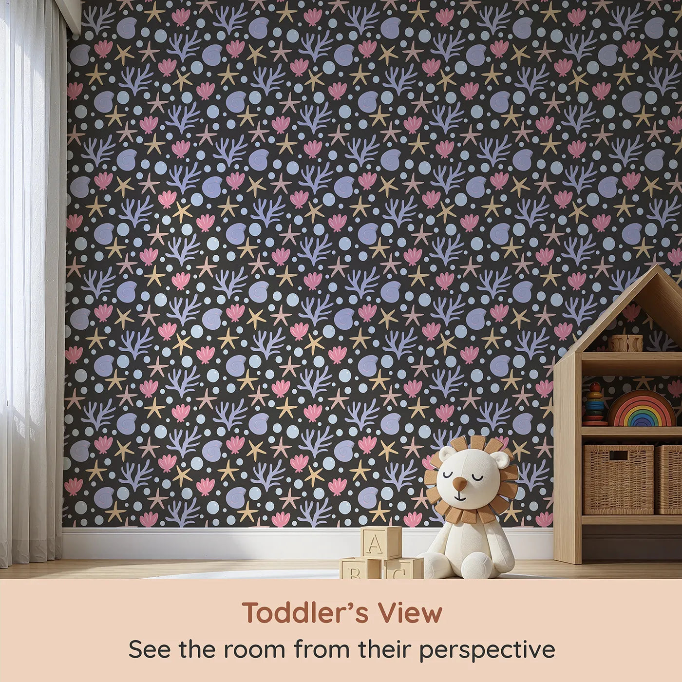 Whimsy Tots Starry Coral Garden Wallpaper in Charcoal Gray (W3191C) from your child's view.Gentle corals, starfish, and sea shells drift softly in twilight waters.