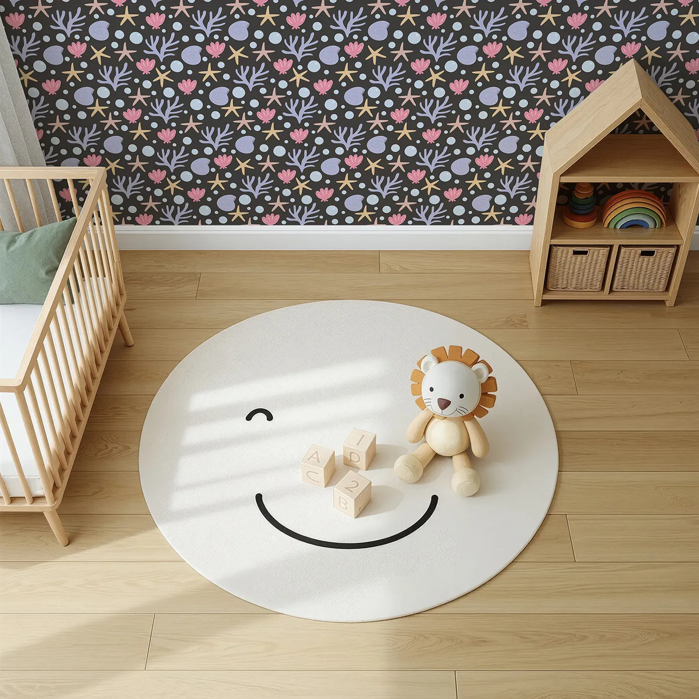 Top-Down view of Whimsy Tots' Starry Coral Garden Wallpaper in Charcoal Gray (W3191C).Gentle corals, starfish, and sea shells drift softly in twilight waters.