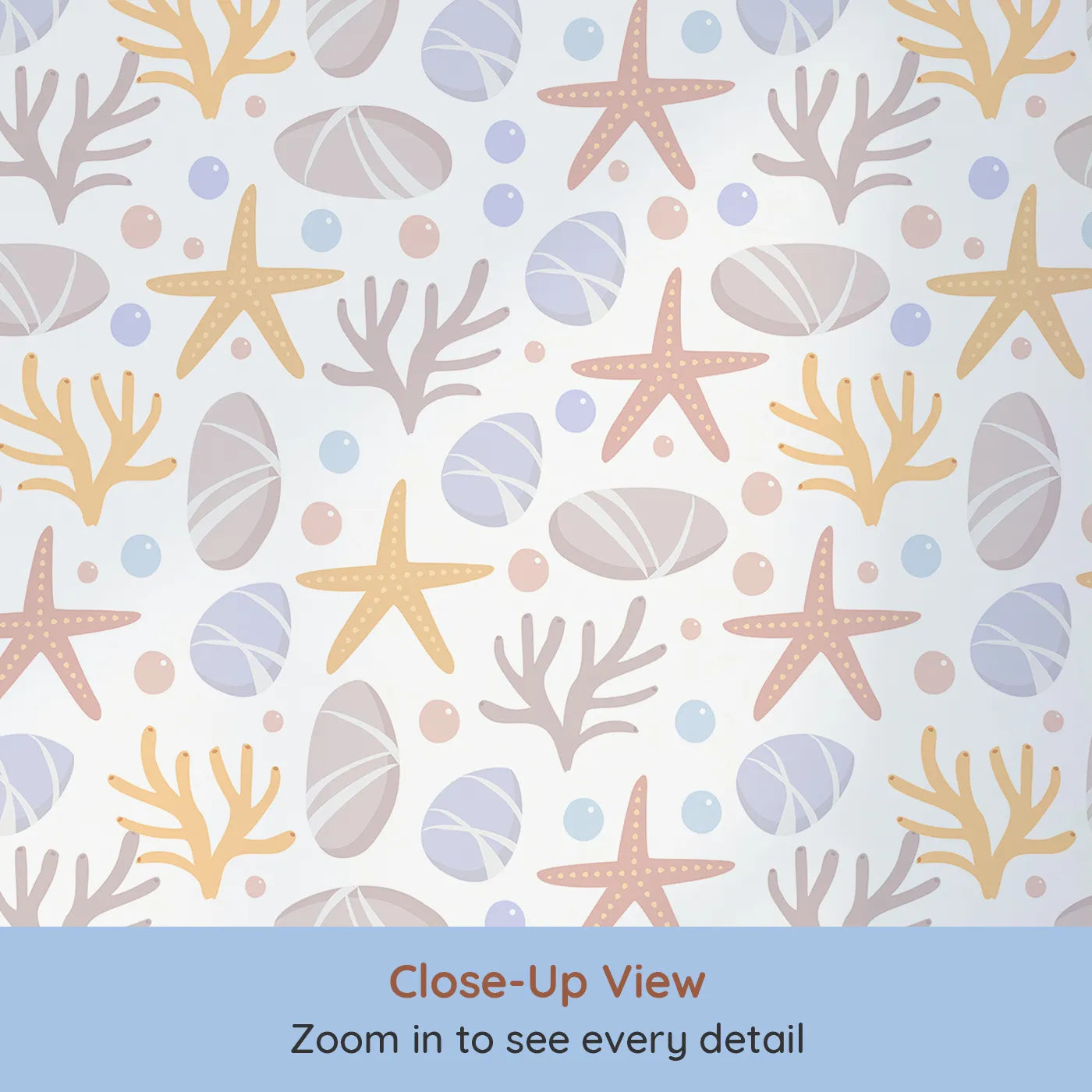Close-up view of Whimsy Tots' Pebble Shoreline Calm Wallpaper in White (W3192A).Gentle stones, starfish, and coral float across a quiet seaside breeze.