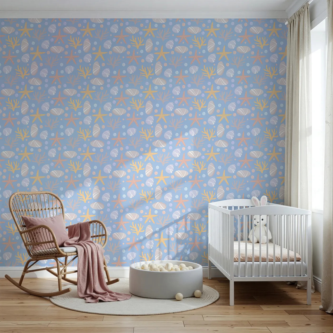 Front view of Whimsy Tots' Pebble Shoreline Calm Wallpaper in Sky Blue