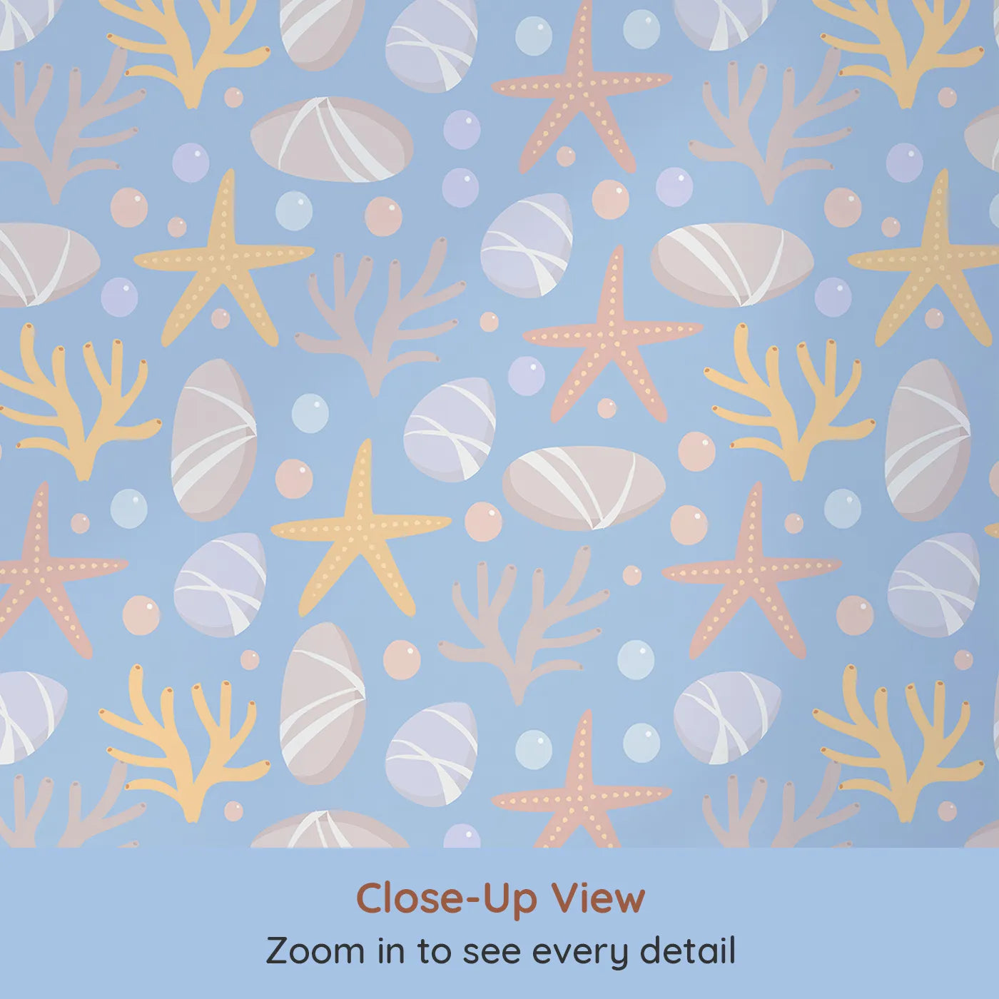 Close-up view of Whimsy Tots' Pebble Shoreline Calm Wallpaper in Sky Blue (W3192B).Gentle stones, starfish, and coral float across a quiet seaside breeze.