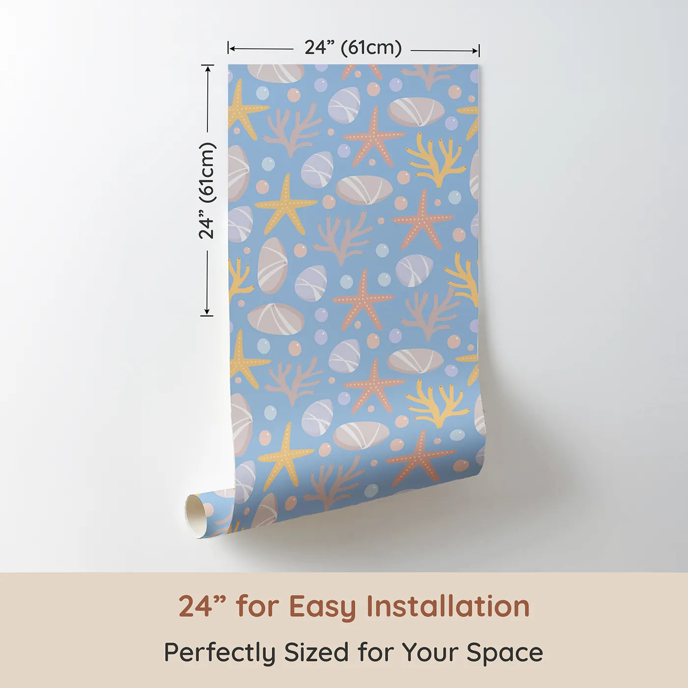 Dimension view of Whimsy Tots Pebble Shoreline Calm Wallpaper in Sky Blue (W3192B). Printed in 24-inch-wide panel for easy installation. Gentle stones, starfish, and coral float across a quiet seaside breeze.