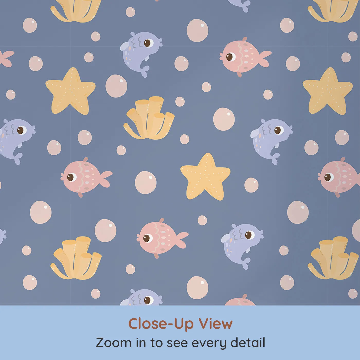 Close-up view of Whimsy Tots' Bubblefish Coral Drift Wallpaper in Twilight Blue (W3193A).Smiley fish, coral tubes, and sea stars drift softly through bubble-filled seas.
