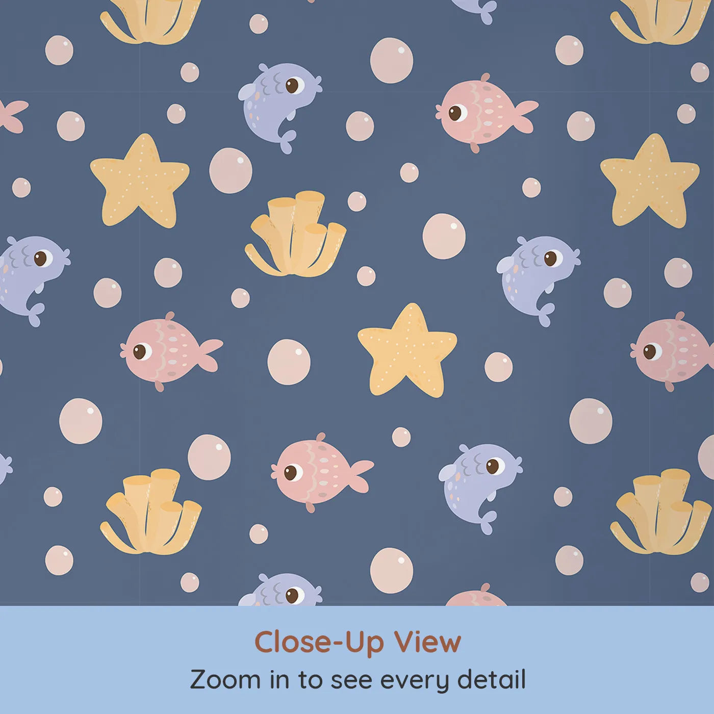 Close-up view of Whimsy Tots' Bubblefish Coral Drift Wallpaper in Midnight Blue (W3193B).Smiley fish, coral tubes, and sea stars drift softly through bubble-filled seas.