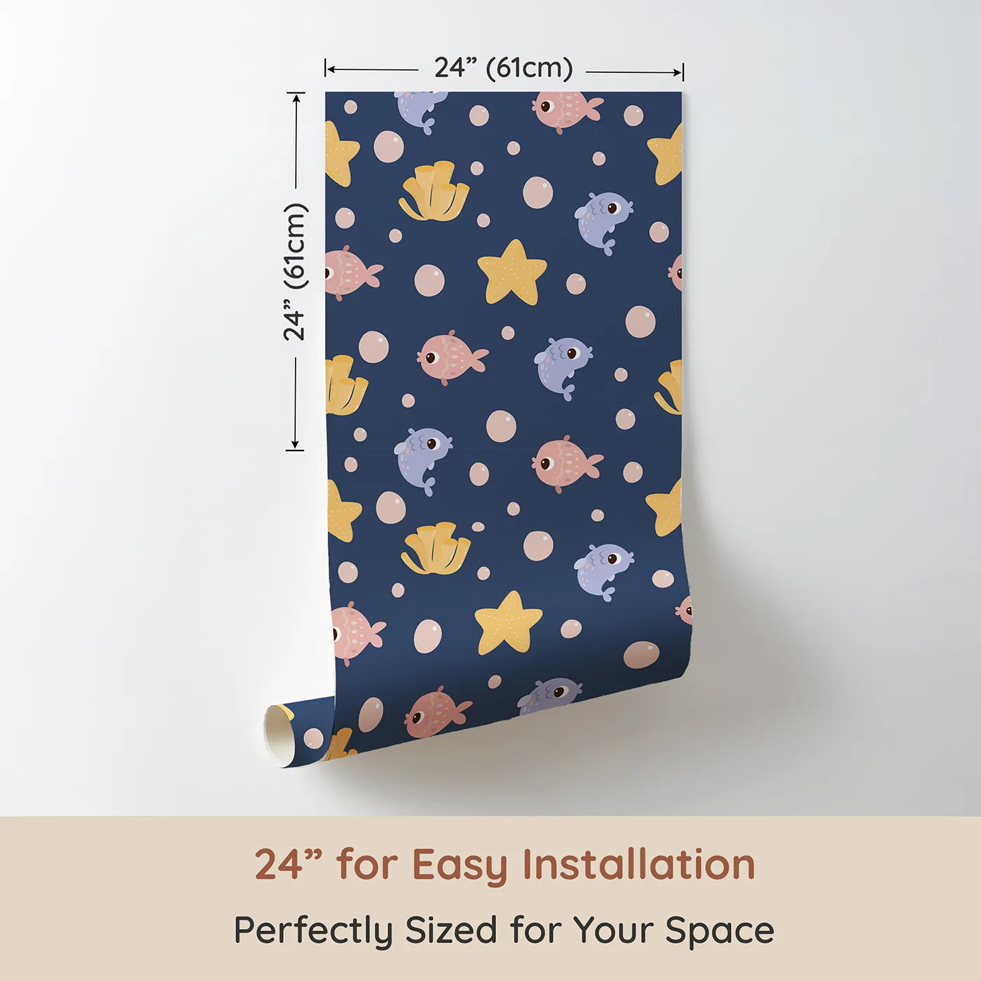 Dimension view of Whimsy Tots Bubblefish Coral Drift Wallpaper in Midnight Blue (W3193B). Printed in 24-inch-wide panel for easy installation. Smiley fish, coral tubes, and sea stars drift softly through bubble-filled seas.