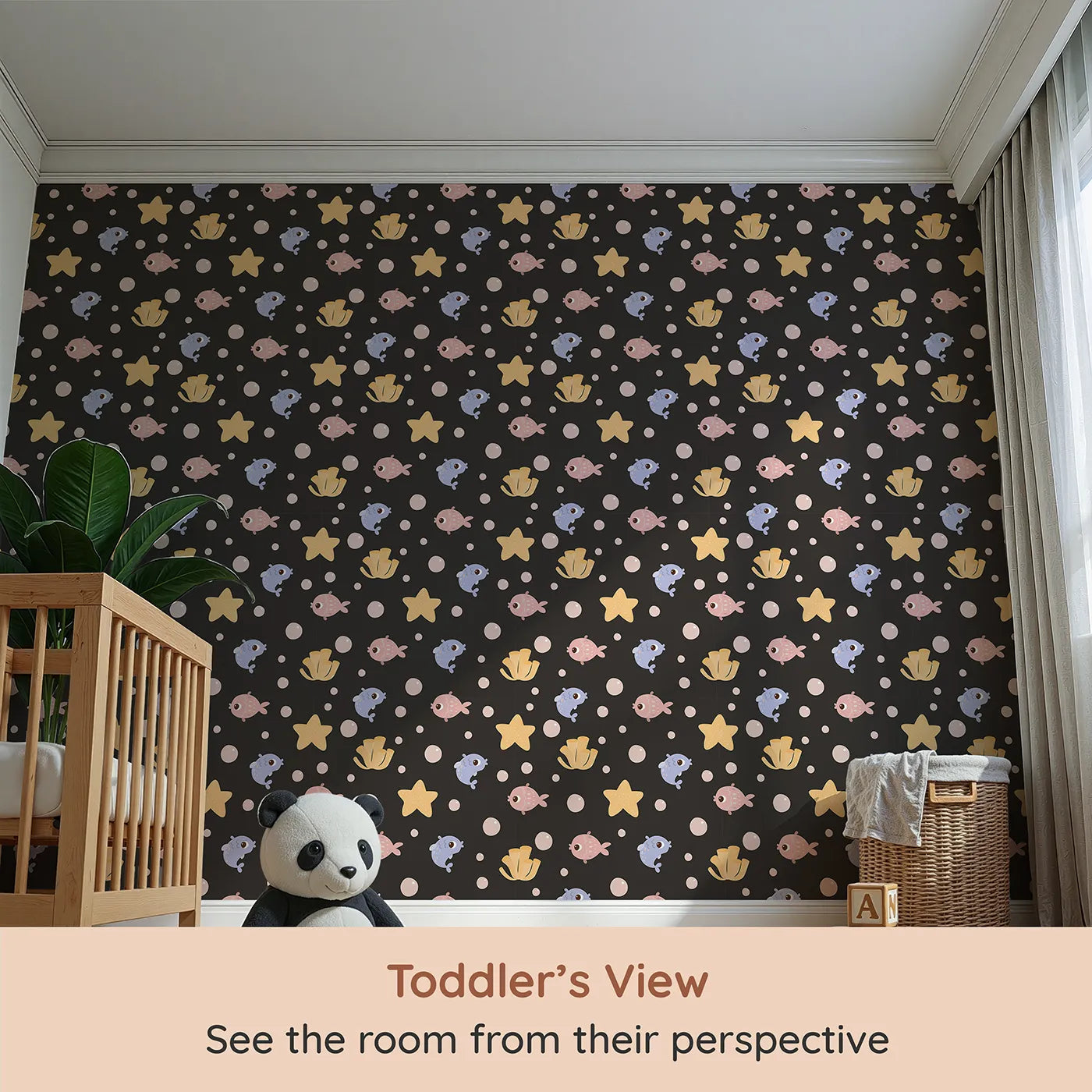 Whimsy Tots Bubblefish Coral Drift Wallpaper in Charcoal Gray (W3193C) from your child's view.Smiley fish, coral tubes, and sea stars drift softly through bubble-filled seas.