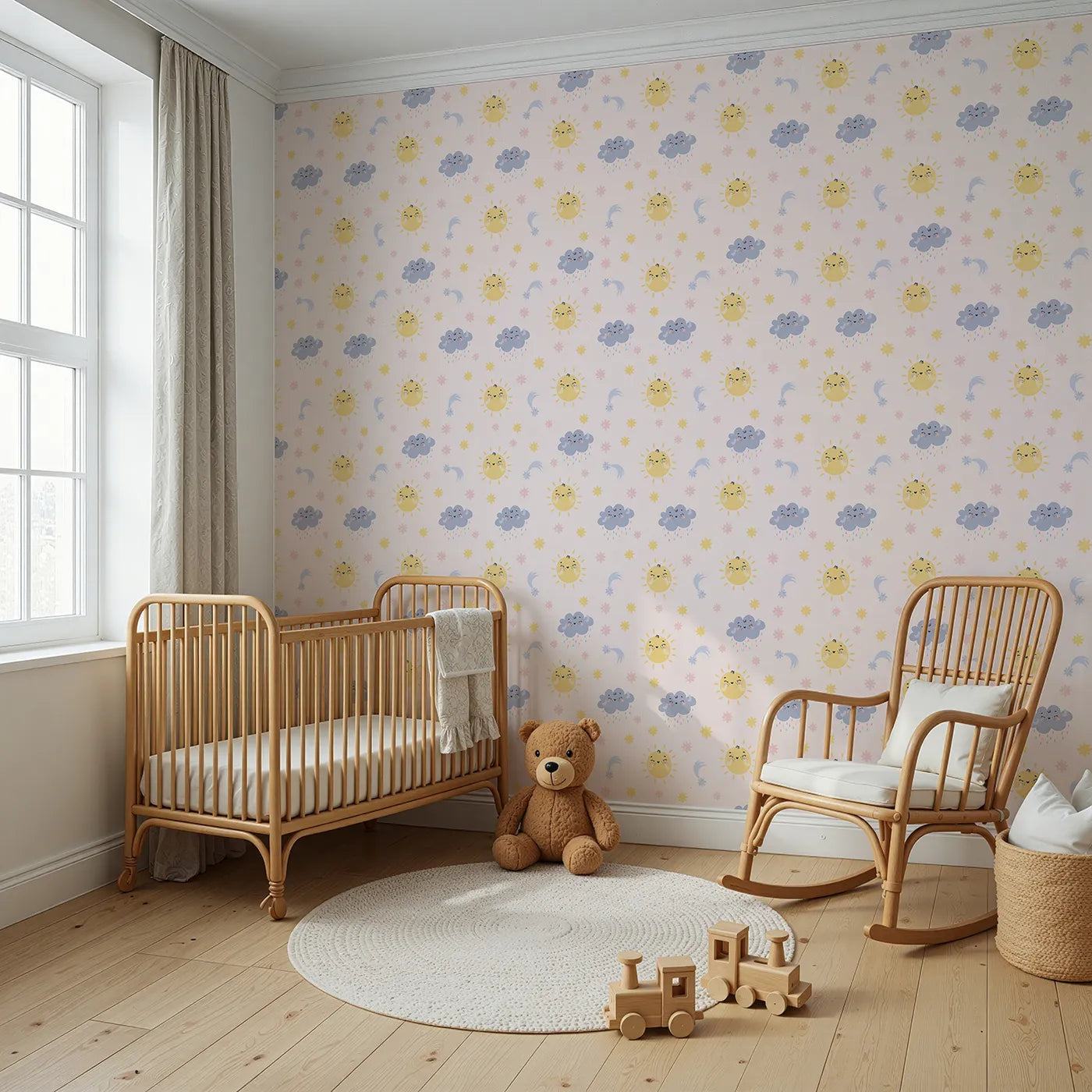 Angled view of Whimsy Tots' Sun and Cloud Kiss Wallpaper in Blush Pink (W3194A).Cheerful suns and sweet rainclouds dance across a dreamy pink sky.