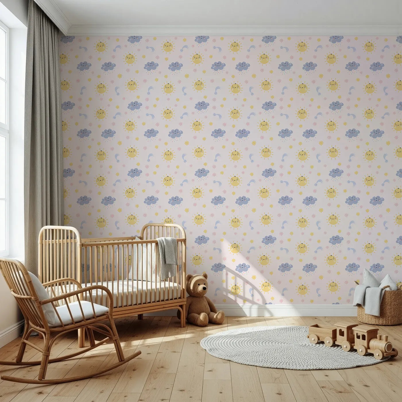 Front view of Whimsy Tots' Sun and Cloud Kiss Wallpaper in Blush Pink