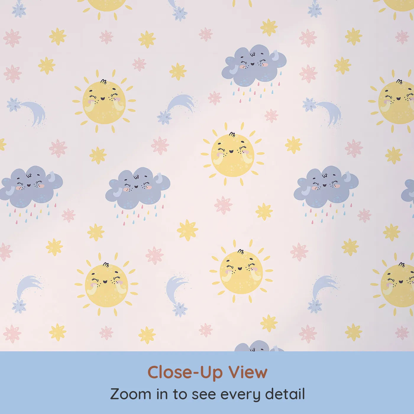 Close-up view of Whimsy Tots' Sun and Cloud Kiss Wallpaper in Blush Pink (W3194A).Cheerful suns and sweet rainclouds dance across a dreamy pink sky.
