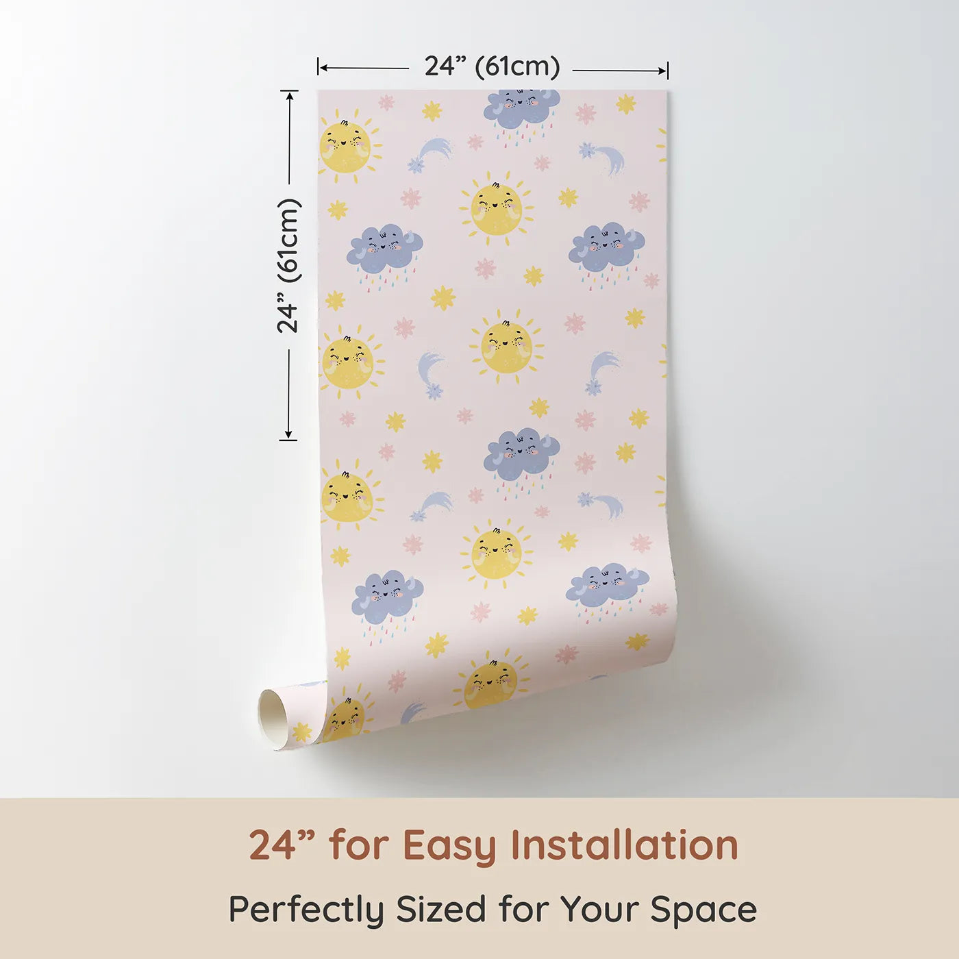 Dimension view of Whimsy Tots Sun and Cloud Kiss Wallpaper in Blush Pink (W3194A). Printed in 24-inch-wide panel for easy installation. Cheerful suns and sweet rainclouds dance across a dreamy pink sky.