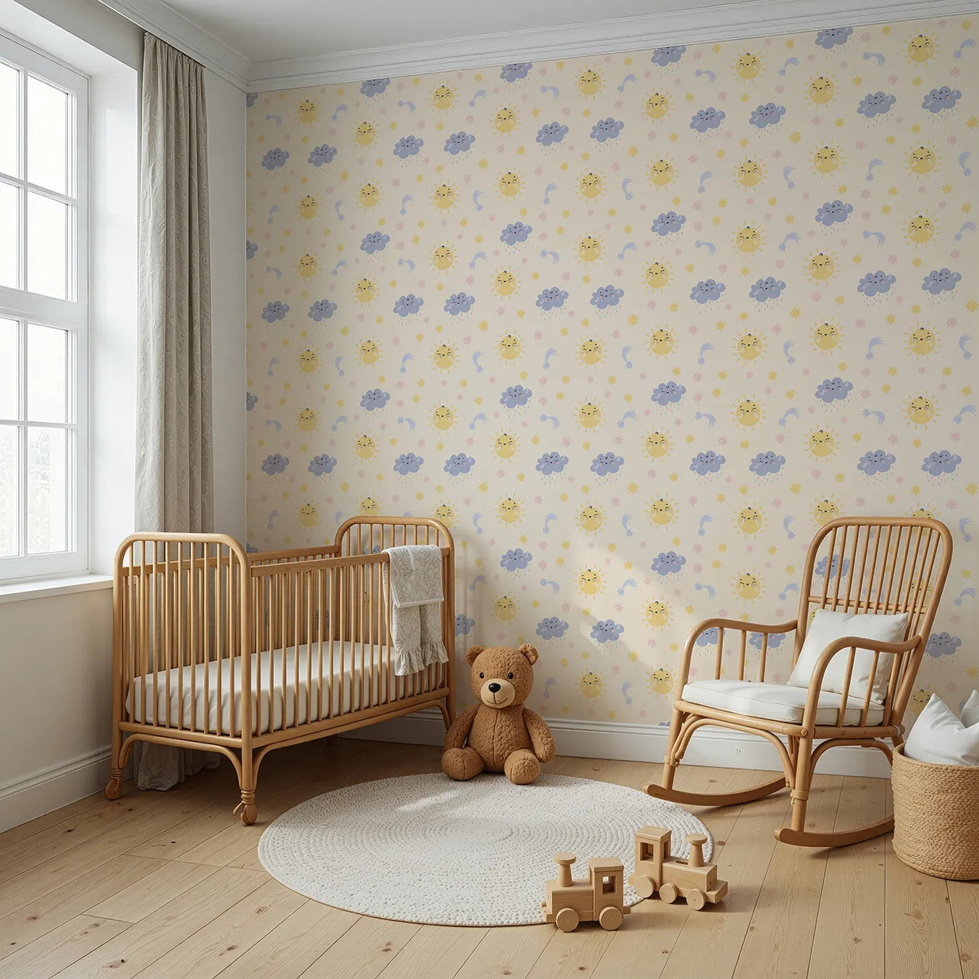 Angled view of Whimsy Tots' Sun and Cloud Kiss Wallpaper in Vanilla (W3194B).Cheerful suns and sweet rainclouds dance across a dreamy cream sky.