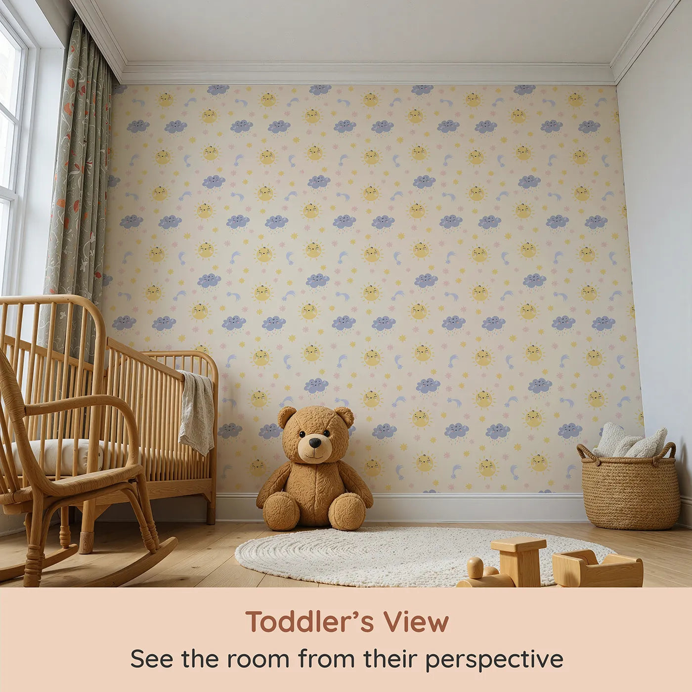 Whimsy Tots Sun and Cloud Kiss Wallpaper in Vanilla (W3194B) from your child's view.Cheerful suns and sweet rainclouds dance across a dreamy cream sky.