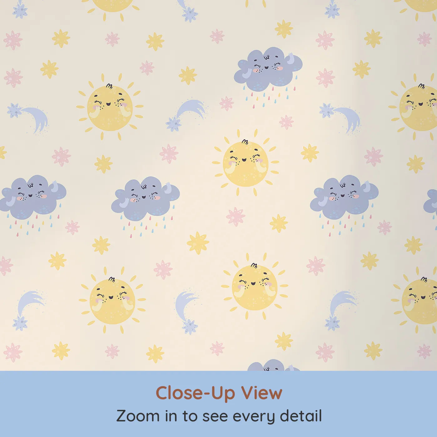 Close-up view of Whimsy Tots' Sun and Cloud Kiss Wallpaper in Vanilla (W3194B).Cheerful suns and sweet rainclouds dance across a dreamy cream sky.