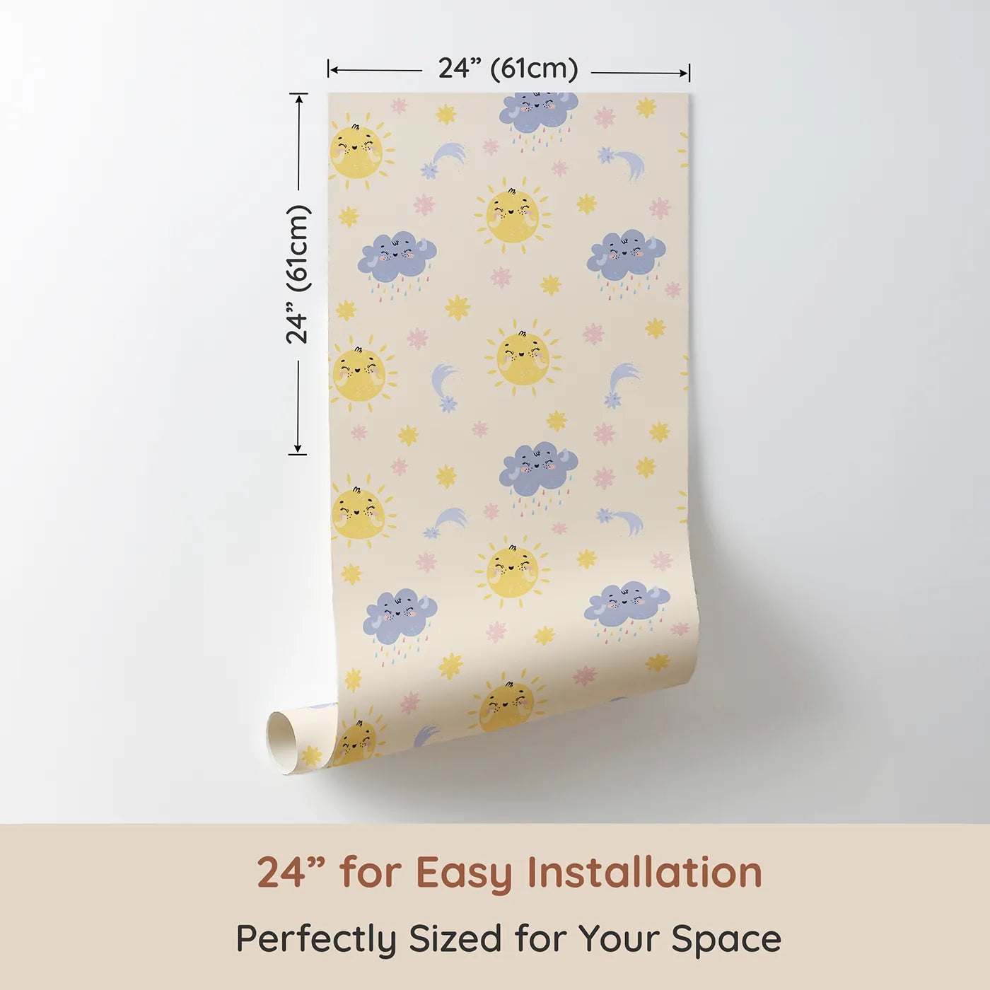 Dimension view of Whimsy Tots Sun and Cloud Kiss Wallpaper in Vanilla (W3194B). Printed in 24-inch-wide panel for easy installation. Cheerful suns and sweet rainclouds dance across a dreamy cream sky.