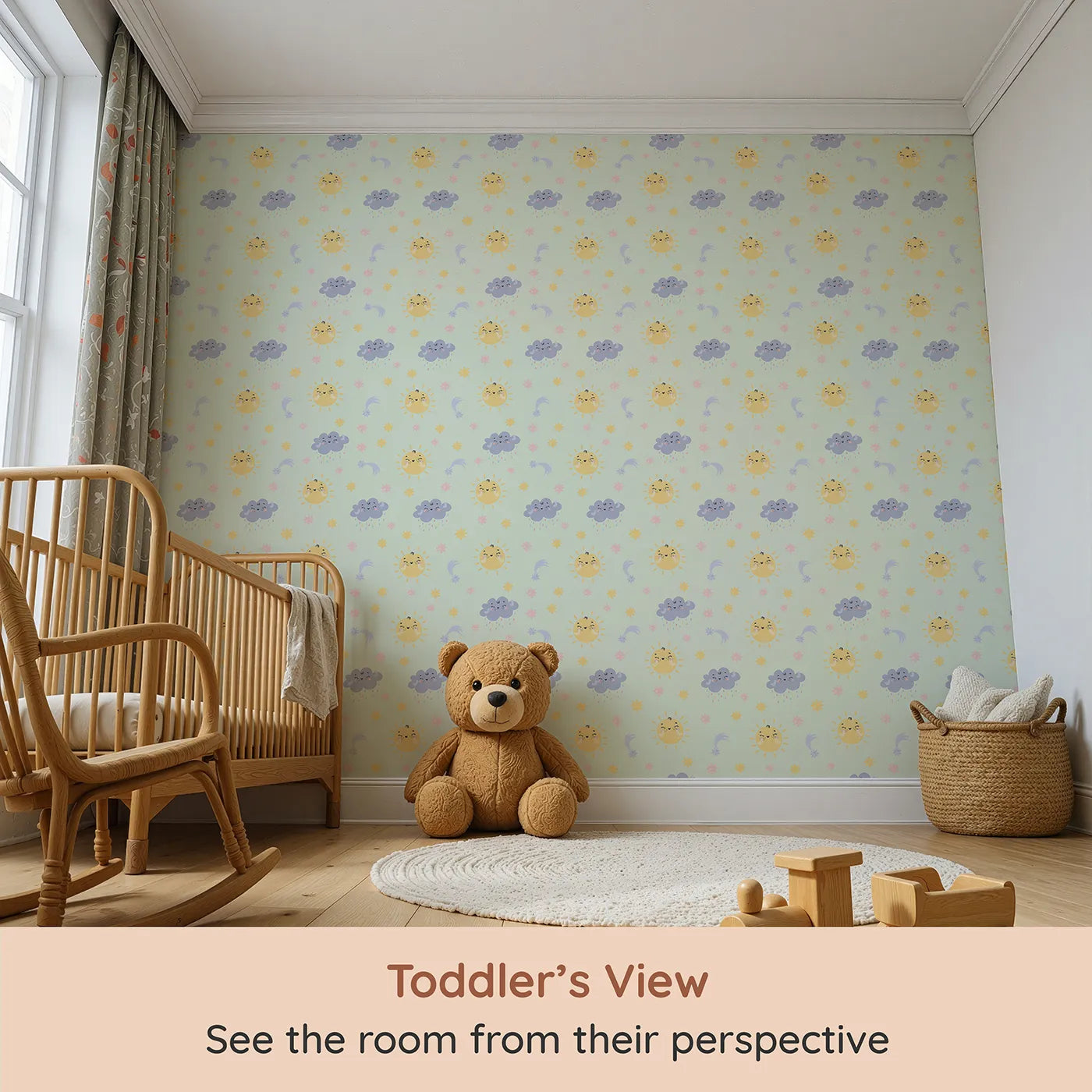 Whimsy Tots Sun and Cloud Kiss Wallpaper in Mint Green (W3194C) from your child's view.Cheerful suns and sweet rainclouds dance across a dreamy mint sky.