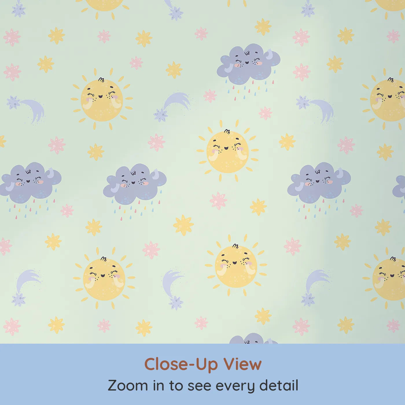 Close-up view of Whimsy Tots' Sun and Cloud Kiss Wallpaper in Mint Green (W3194C).Cheerful suns and sweet rainclouds dance across a dreamy mint sky.