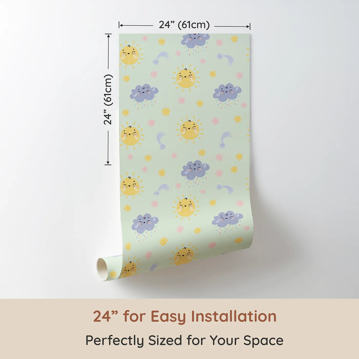 Dimension view of Whimsy Tots Sun and Cloud Kiss Wallpaper in Mint Green (W3194C). Printed in 24-inch-wide panel for easy installation. Cheerful suns and sweet rainclouds dance across a dreamy mint sky.
