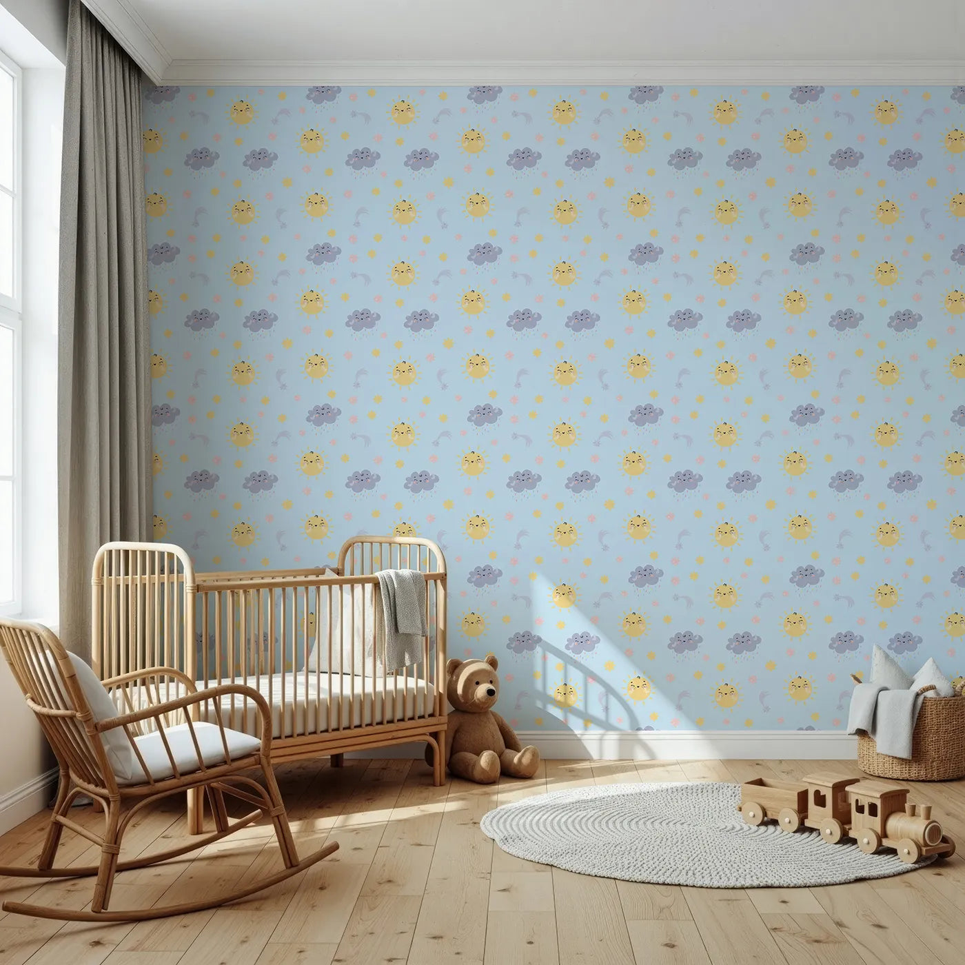 Front view of Whimsy Tots' Sun and Cloud Kiss Wallpaper in Sky Blue