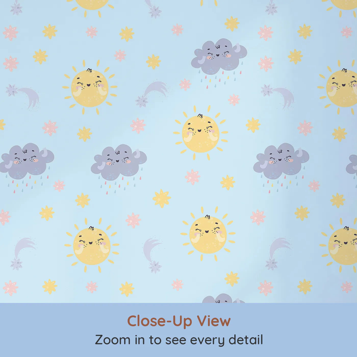 Close-up view of Whimsy Tots' Sun and Cloud Kiss Wallpaper in Sky Blue (W3194D).Cheerful suns and sweet rainclouds dance across a dreamy blue sky.