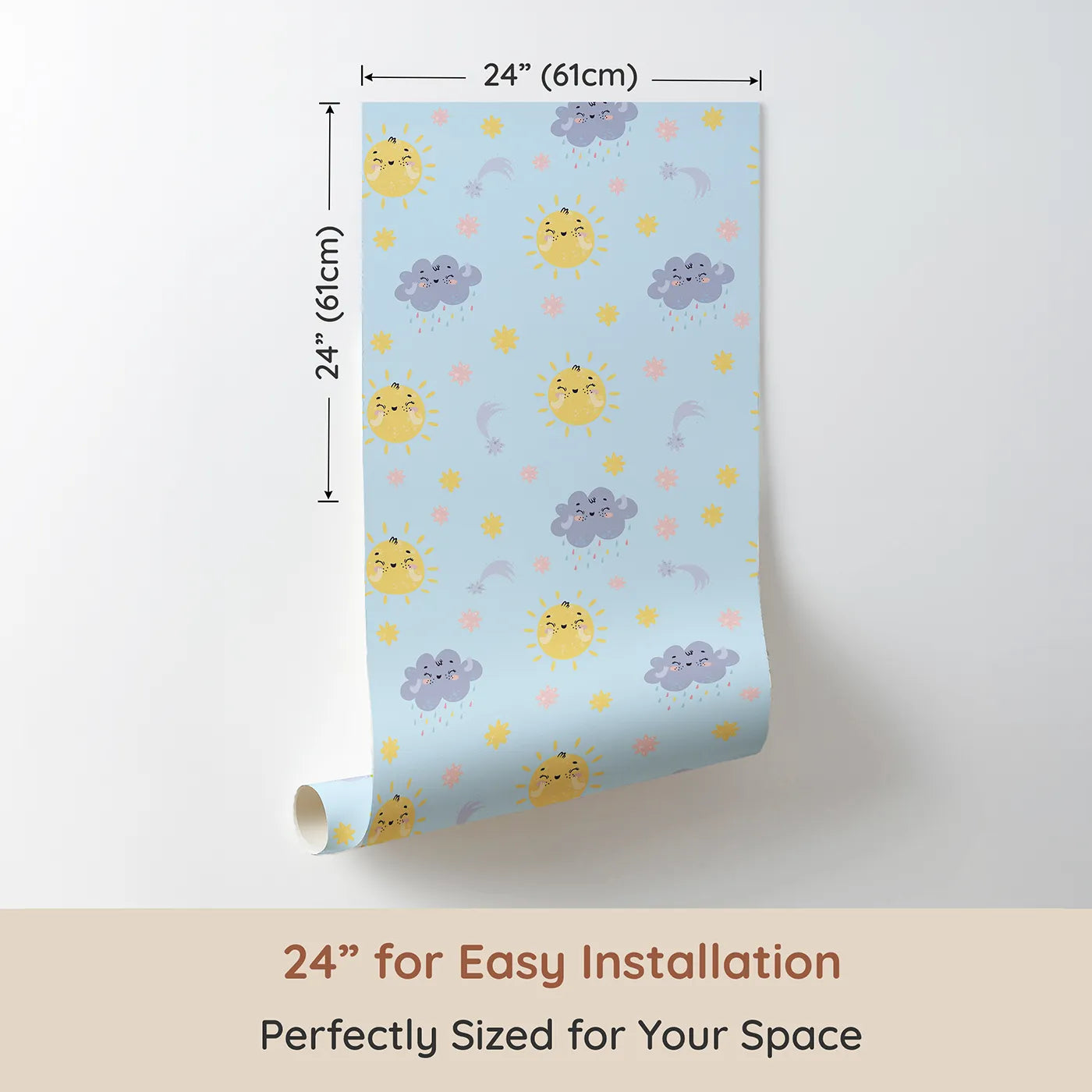 Dimension view of Whimsy Tots Sun and Cloud Kiss Wallpaper in Sky Blue (W3194D). Printed in 24-inch-wide panel for easy installation. Cheerful suns and sweet rainclouds dance across a dreamy blue sky.