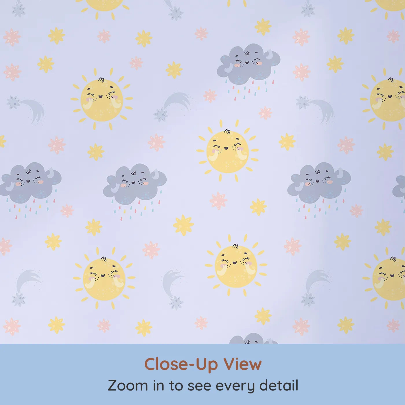 Close-up view of Whimsy Tots' Sun and Cloud Kiss Wallpaper in Lavender (W3194E).Cheerful suns and sweet rainclouds dance across a dreamy lavender sky.