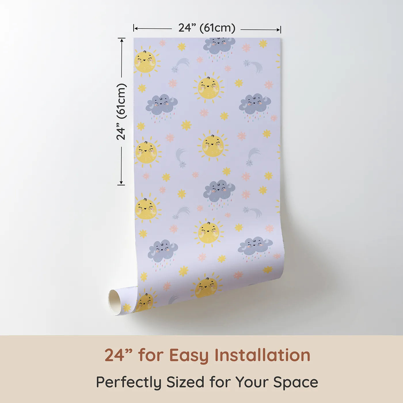 Dimension view of Whimsy Tots Sun and Cloud Kiss Wallpaper in Lavender (W3194E). Printed in 24-inch-wide panel for easy installation. Cheerful suns and sweet rainclouds dance across a dreamy lavender sky.