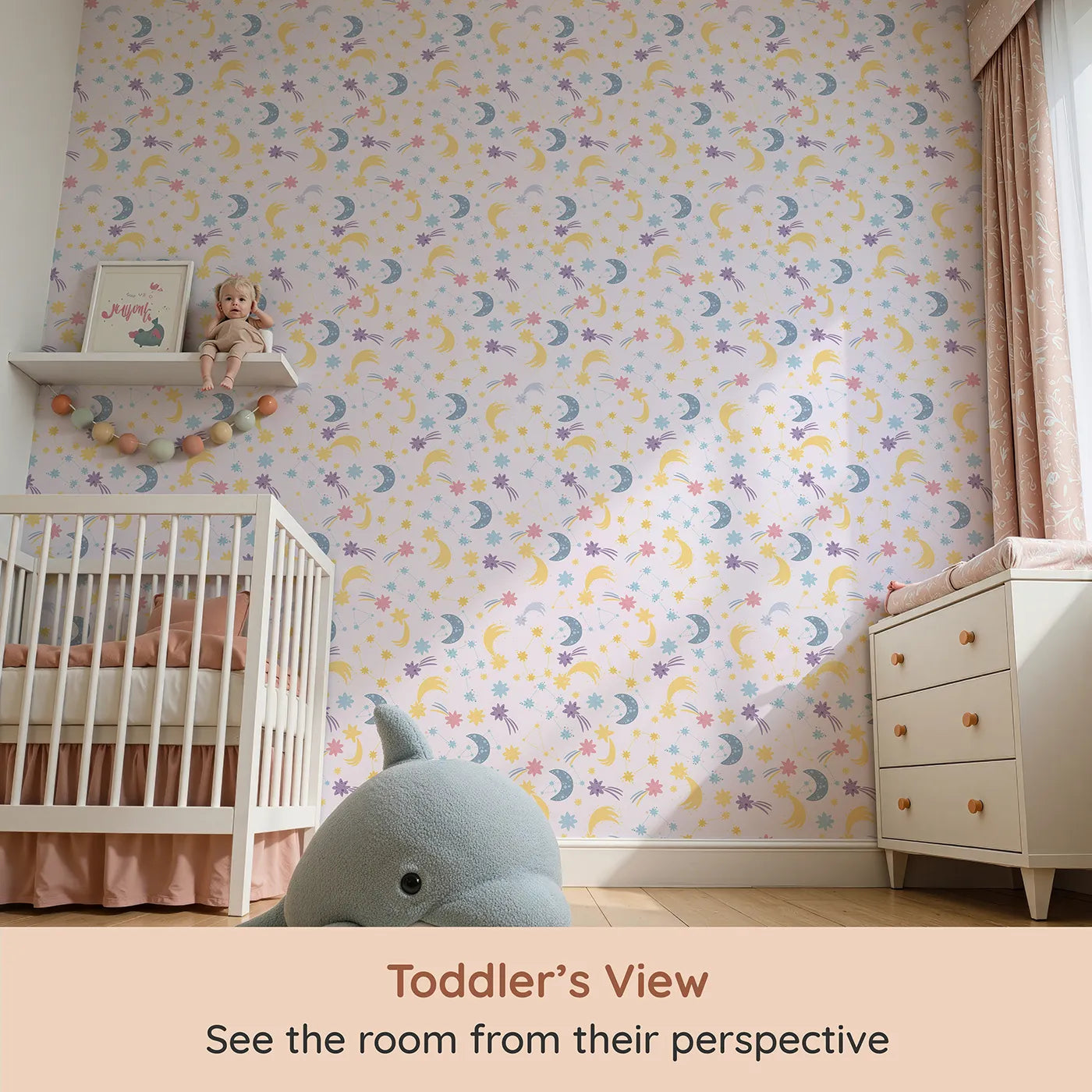 Whimsy Tots Starlit Wishes Wallpaper in Lavender (W3195A) from your child's view.Moons, constellations, and twinkling stars light up their nighttime wonderland.