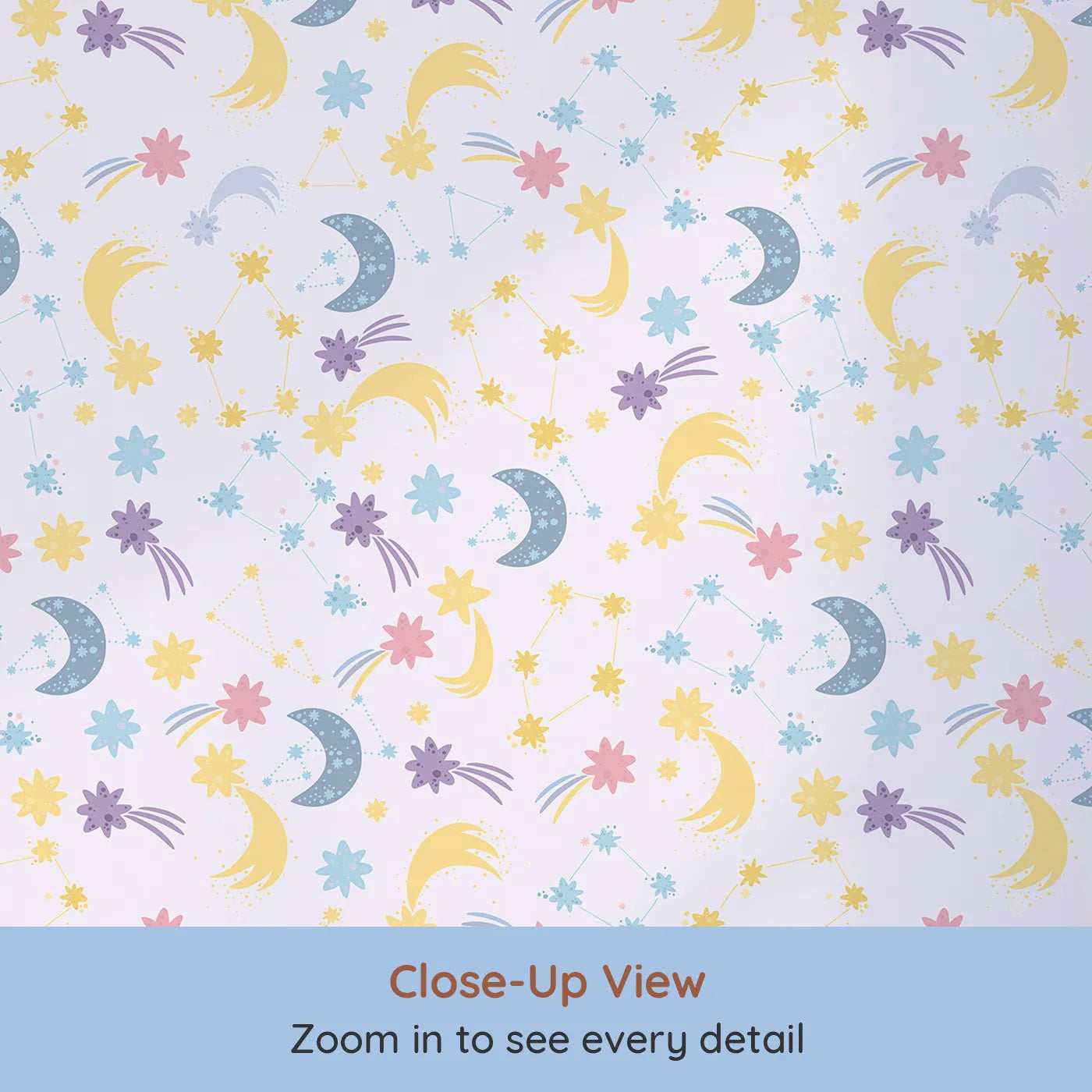 Close-up view of Whimsy Tots' Starlit Wishes Wallpaper in Lavender (W3195A).Moons, constellations, and twinkling stars light up their nighttime wonderland.