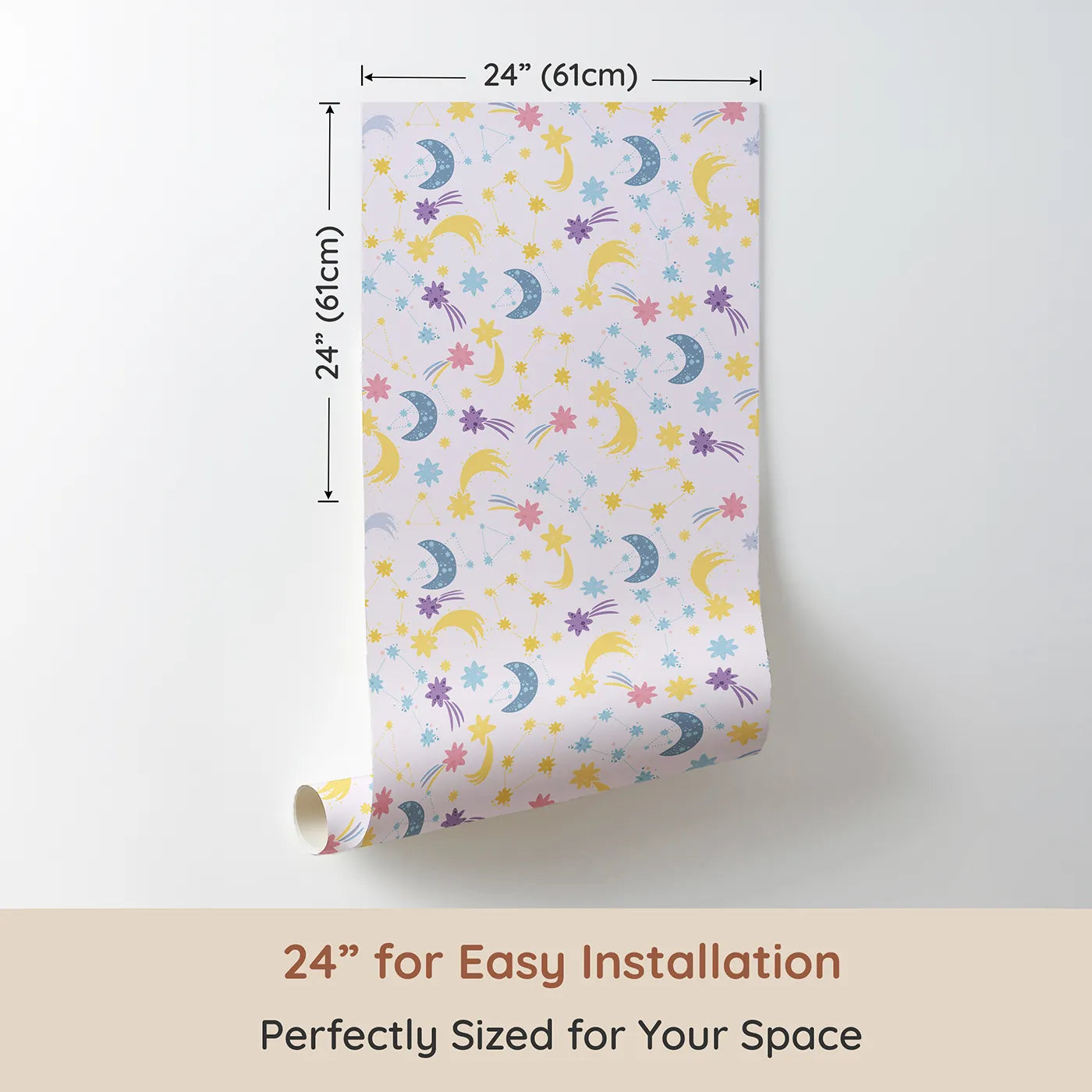 Dimension view of Whimsy Tots Starlit Wishes Wallpaper in Lavender (W3195A). Printed in 24-inch-wide panel for easy installation. Moons, constellations, and twinkling stars light up their nighttime wonderland.